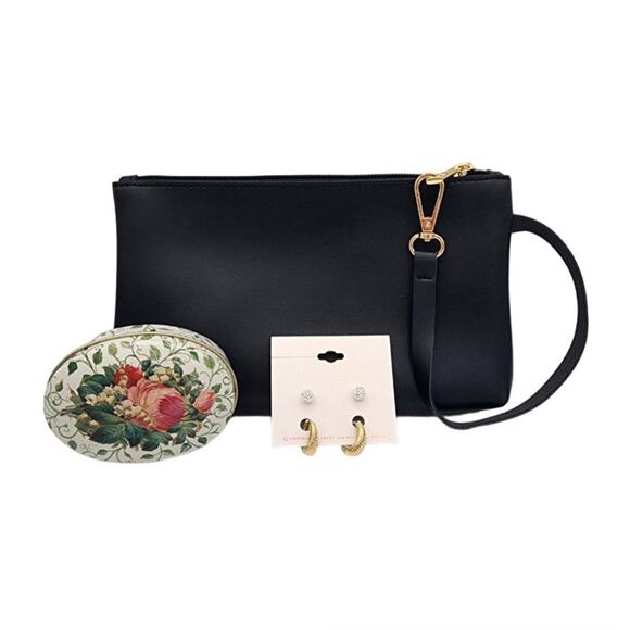 NEW Black Wristlet Zip Pouch, Vintage Floral Oval Tin Box Lauren Conrad Earrings - Picture 1 of 10